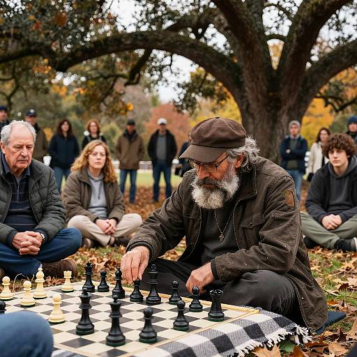 Photograph of an elderly bearded man with a brown cap and coat, deeply focused on an outdoor chess game, surrounded by seated spectators under a large