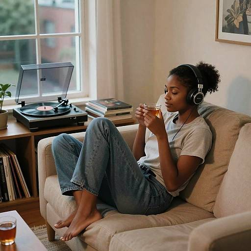 Photograph of a Black woman with curly hair, wearing headphones, white t-shirt, and blue jeans, sitting on a beige couch, sipping from