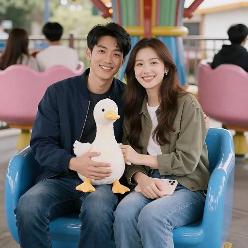 Smiling Couple on Blue Amusement Ride