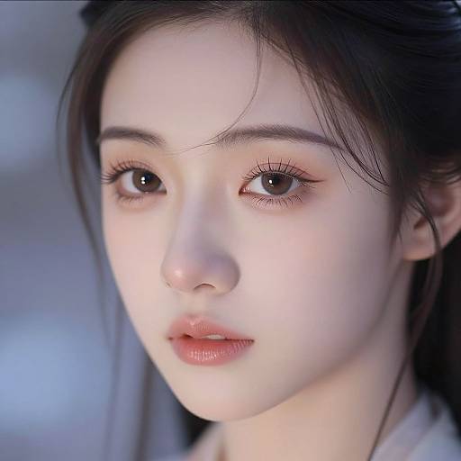Photograph of a young Asian woman with fair skin, black hair, subtle makeup, and soft light, gazing directly at the camera.