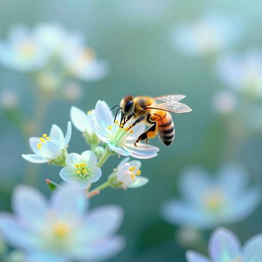 Close-up photograph of a honeybee with orange and black stripes, hovering over white flowers with yellow centers, against a blurred, greenish-blue background.