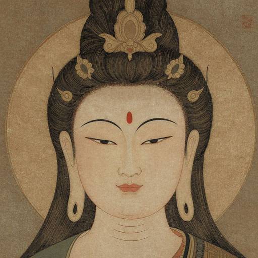 Traditional East Asian painting of a serene-faced goddess with black hair, red dot on forehead, gold earrings, and circular halo.