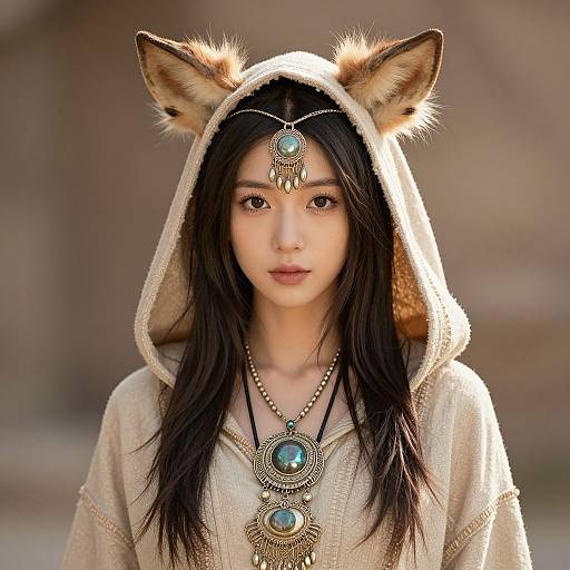 Photorealistic digital artwork of an Asian woman with fox ears, wearing a beige hooded robe, intricate jewelry, and a headpiece, with a