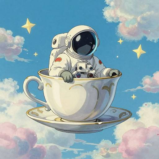 Digital illustration of a small astronaut in a white space suit, floating in a large, ornate teacup against a vibrant blue sky with fluffy clouds