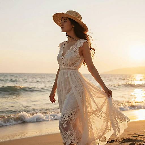 Photograph of a woman in a white lace, sleeveless dress and straw hat, walking on a sunlit beach at sunset with gentle waves in the