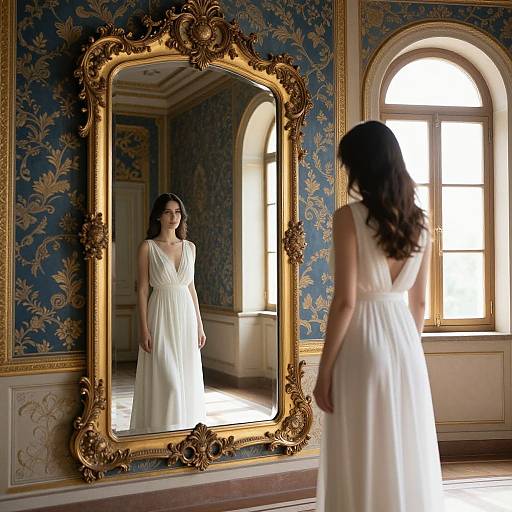 Photograph of a woman with long dark hair in a white sleeveless dress, standing in an ornate room, gazing at her reflection in a