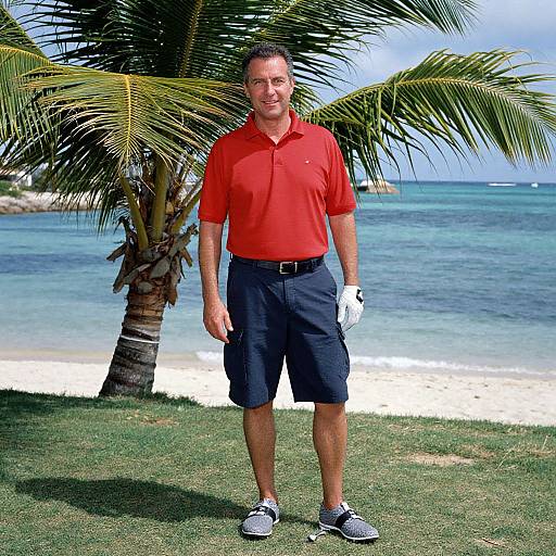 Photograph of a middle-aged man in a red polo, black shorts, and black sneakers standing on grass beside a palm tree, with a clear blue