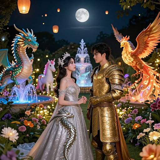Photograph of a fairytale couple in silver and gold medieval attire, standing in a magical garden with illuminated dragons and a full moon.
