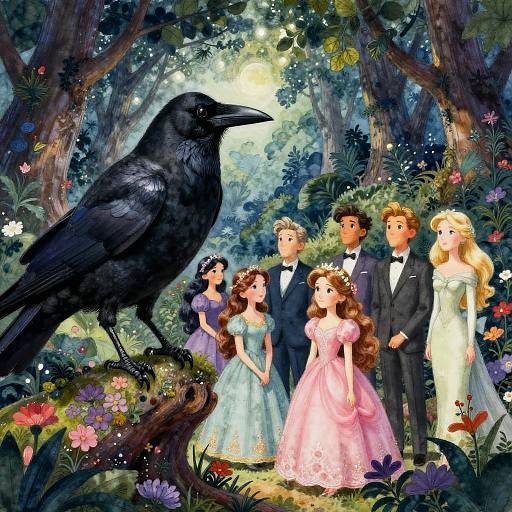 Whimsical fairy tale painting: six young royals, two men, two women, and two girls, surrounded by vibrant flowers, a large black