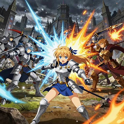Anime-style digital artwork of a blonde, blue-eyed female warrior with glowing blue and orange energy blasts, surrounded by armored knights, in a dark, storm