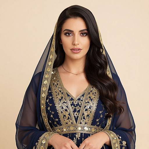 Elegant Woman in Blue and Gold Dress