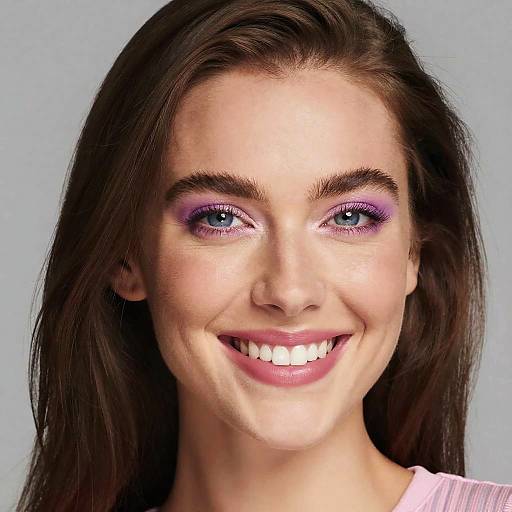 Photograph of a smiling young woman with fair skin, blue eyes, and purple eyeshadow, wearing a pink top, against a plain gray background