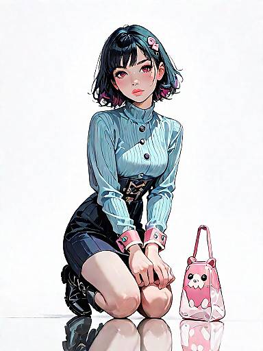 Stylish Woman in Ribbed Skater Dress with Pink Tote