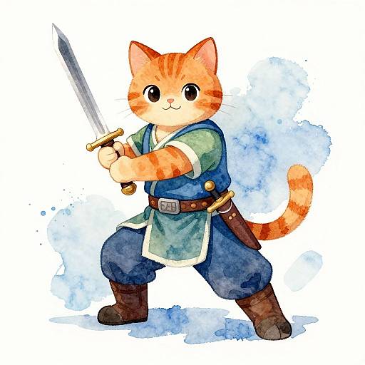 Adorable anthropomorphic orange tabby cat wielding a sword, dressed in blue tunic, brown boots, and green vest, standing confidently. Watercolor