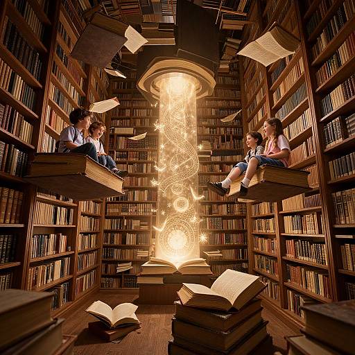 Photograph of two children, one boy and one girl, sitting on floating bookshelves in a magical, golden-lit library with books and papers
