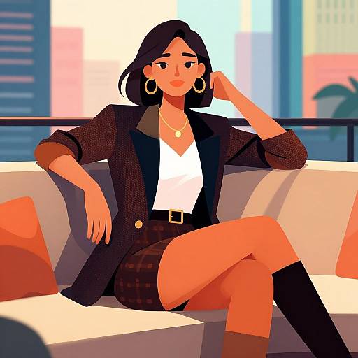 Digital illustration of a confident woman with black hair, wearing a black blazer, white shirt, plaid skirt, and knee-high socks, sitting on