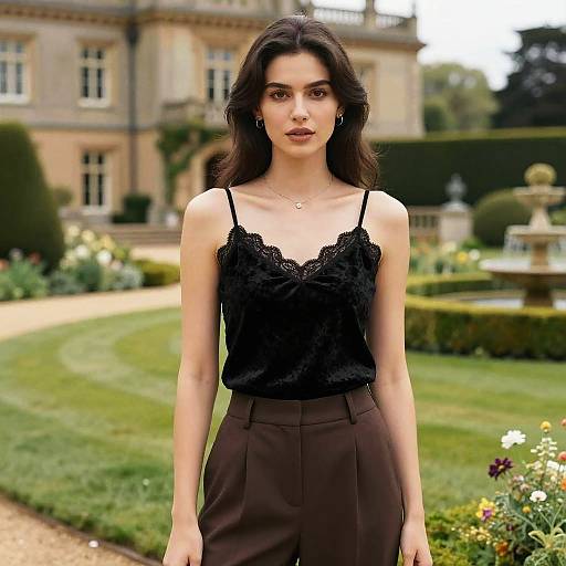 Photograph of a slender, dark-haired woman in a black lace camisole and high-waisted brown pants, standing in a lush, manic