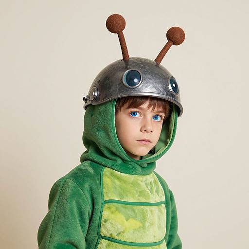 Photograph of a young boy with blue eyes, wearing a green, plush alien costume with antennae and a metallic helmet, against a plain white background