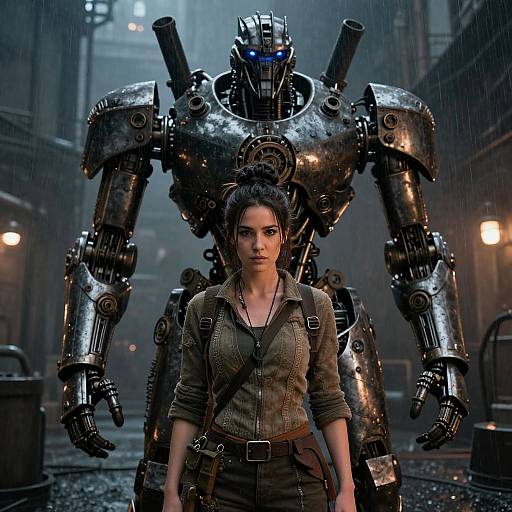 Photorealistic CGI: Serious woman in brown jacket stands in rainy alley, flanked by large, metallic, robotic humanoid with glowing blue eyes.