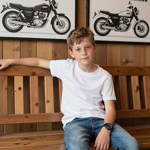 Young Boy on Bench with Posters