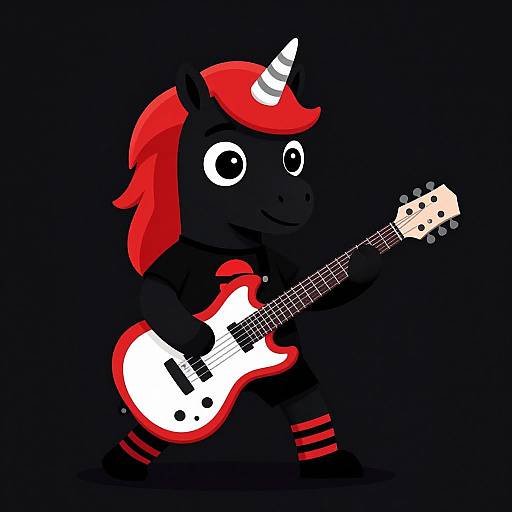 Cute, black cartoon unicorn with red mane, playing a white and red electric guitar against a dark background. Digital art.