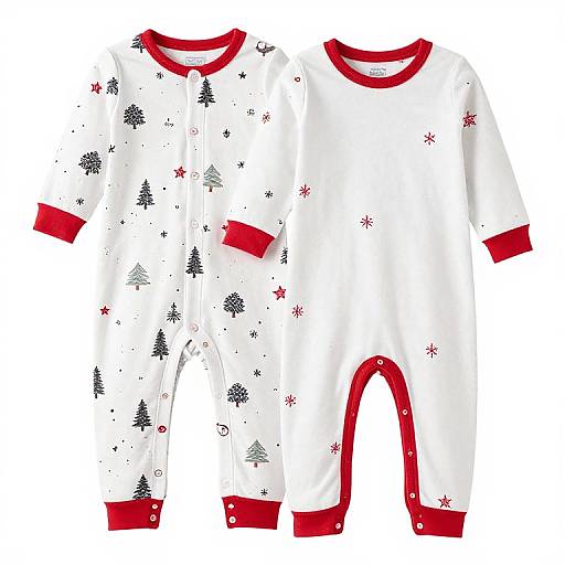 Photograph of white baby onesie with red cuffs and buttons, black and red Christmas tree and star patterns, laid flat.