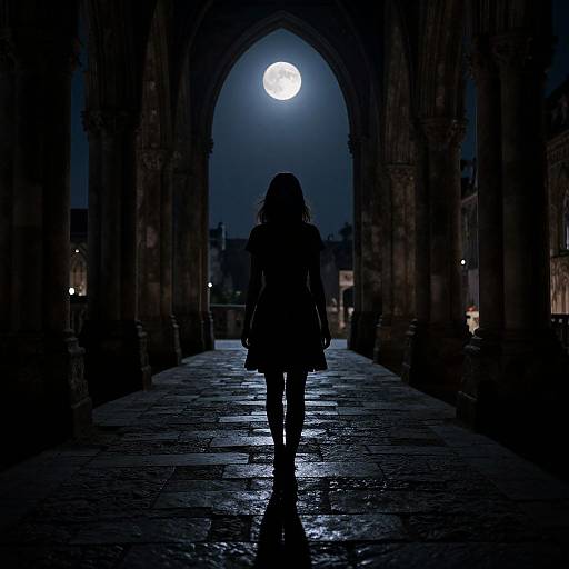 Silhouette of a woman standing in a moonlit, Gothic archway, with a full moon glowing brightly in the night sky.
