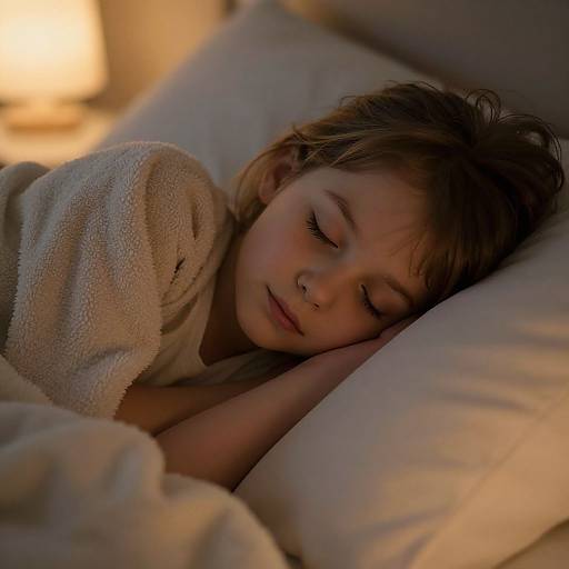 Photograph of a young girl with light brown hair, closed eyes, and soft expression, sleeping peacefully in a white blanket, under warm, dim bedside