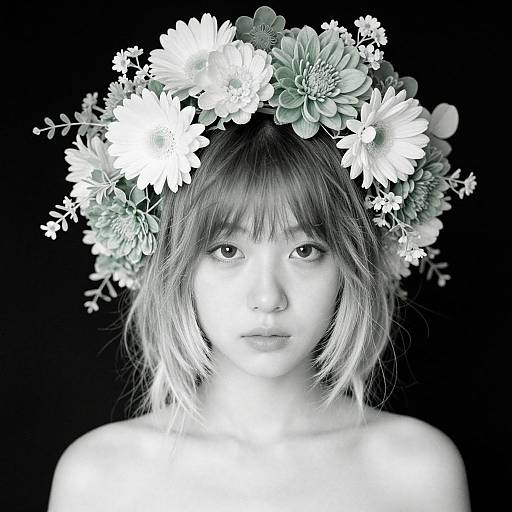 Black-and-white photograph of a young woman with a flower crown, featuring large blooms, against a solid black background. Her expression is neutral, with shoulder