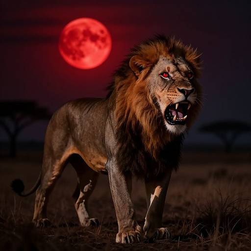 Photograph of a fierce male lion with a dark mane, red eyes, and open mouth, standing on dry grass under a vivid red full moon in