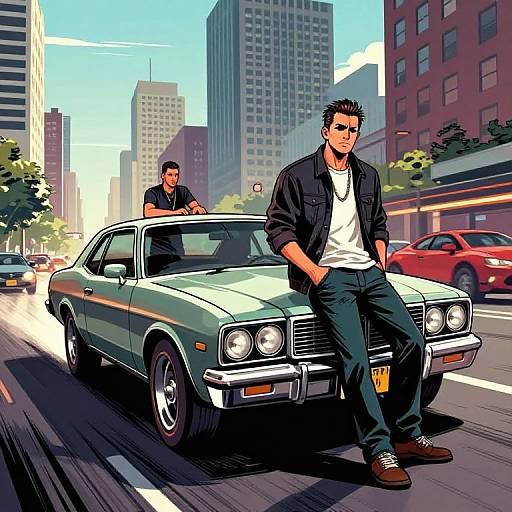 Digital art of two men in a vintage green car, city street, one leaning on the car, sunglasses, black jacket, white tee, urban buildings