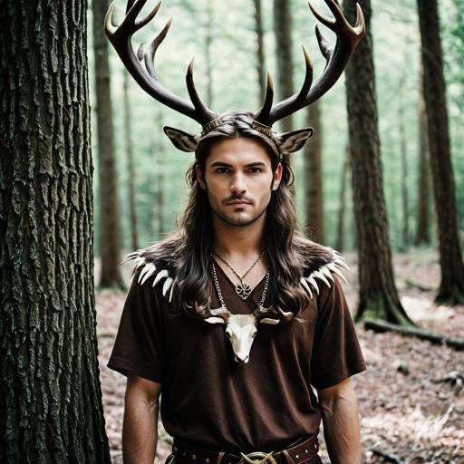 Man in Stag Costume with Antlers in Forest