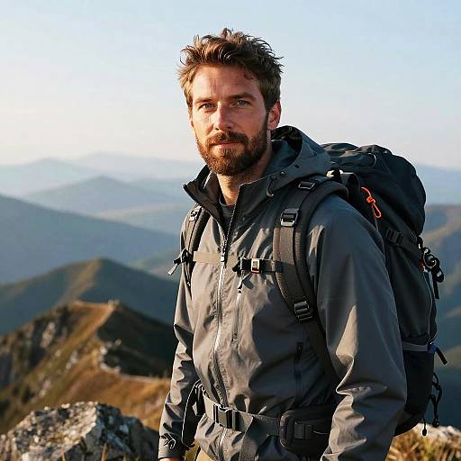 Photograph of a bearded, brown-haired man with a rugged look, wearing a gray hiking jacket and black backpack, standing on a mountain peak with