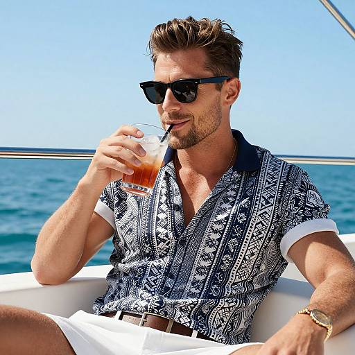 Photograph of a handsome, tan-skinned man with short brown hair, black sunglasses, and patterned shirt, sipping iced tea on a