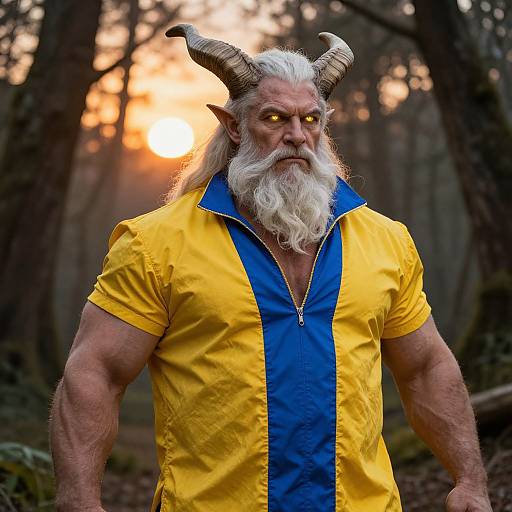 Photograph of a muscular, white-bearded demon with glowing yellow eyes, wearing a yellow and blue zip-up shirt, standing in a forest at sunset