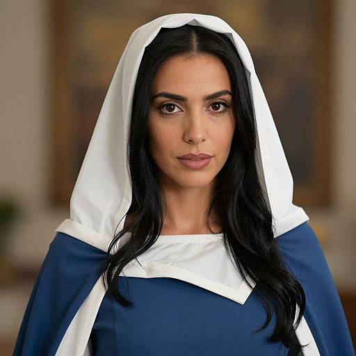 Photograph of a dark-haired woman with olive skin, wearing a navy blue nun's habit with a white veil, looking directly at the camera, set