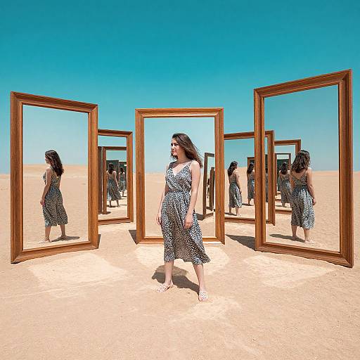 Photograph of a woman in a patterned dress standing in a desert with multiple wooden-framed mirrors reflecting her image. Bright blue sky, clear sandy
