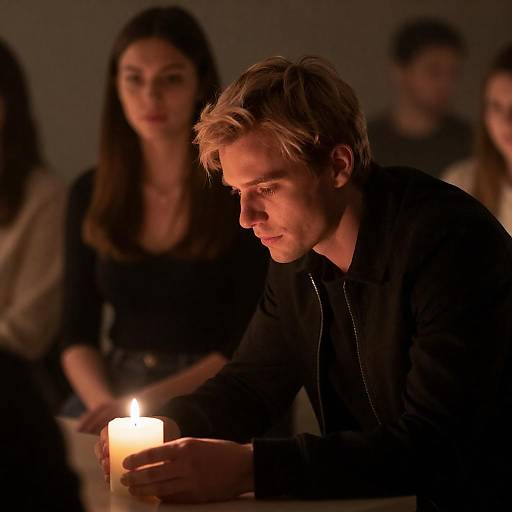 Man Holding Lit Candle in Dim Room