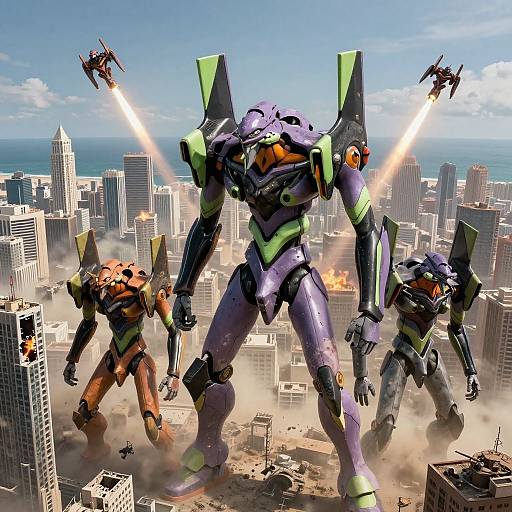 Digital artwork of three towering, purple and green mecha robots with jetpacks, firing laser beams, destroying a cityscape with skyscrapers in