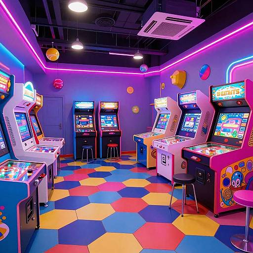Neon Arcade Room in 90s Cartoon Style