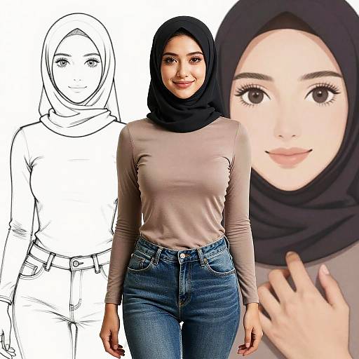 Photograph of a smiling South Asian woman in a black hijab, beige long-sleeve top, and blue jeans, with a sketch and close