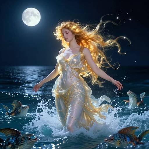 Photograph-like digital art of a fair-skinned, long-haired woman in a glowing, translucent dress, moonlit night, splashing in water surrounded