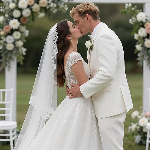 Sunlit Bride and Groom Wedding Kiss