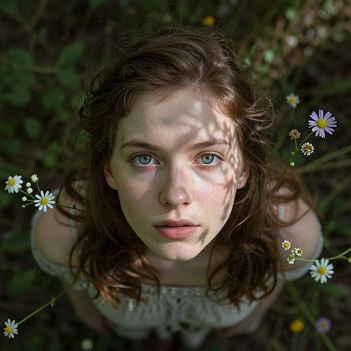 Photograph of a young woman with fair skin, blue eyes, and wavy brown hair, looking up, surrounded by daisies and greenery