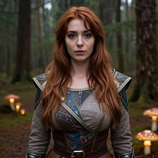 Photograph of a red-haired woman with fair skin, wearing a medieval-style gray dress with intricate patterns, standing in a mystical forest with glowing mushrooms in
