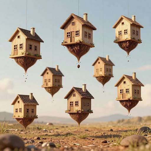 Photograph of six wooden birdhouses with shingled roofs, hanging from strings, floating above a rocky, grassy field under a clear blue sky