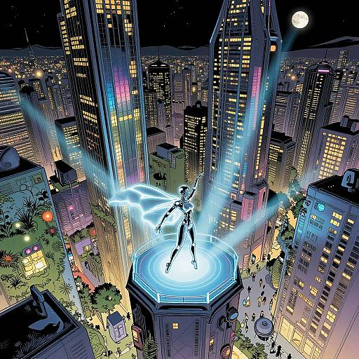 Comic-style drawing of a superhero with glowing blue aura, standing on a hexagonal platform in a brightly lit, futuristic cityscape at night, with beams