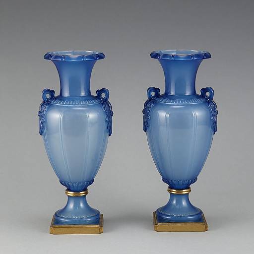 Photograph of two identical blue glass vases with ornate handles, flared tops, and gold bases, set against a gradient gray background.