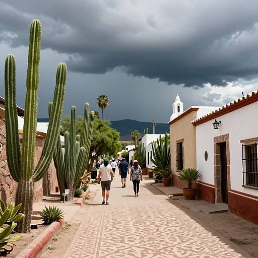 Photograph of a sunlit, cactus-lined street in a Spanish colonial town, with people walking, cloudy sky, white and red buildings, and