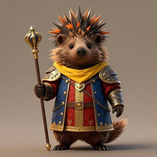 Digital CGI of an armored hedgehog with spiky orange and black quills, yellow scarf, holding a golden staff, standing against a gray background.